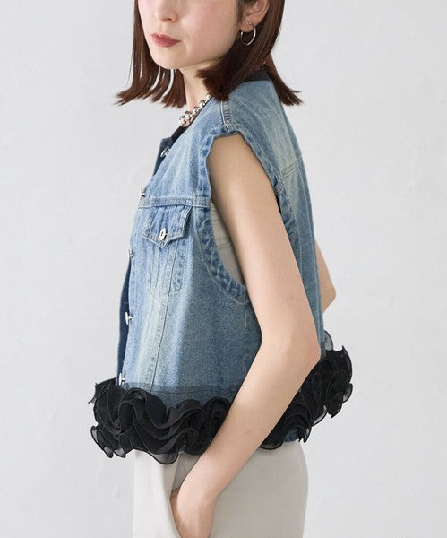 JMF250002 SP Denim Tulle Frill Vest | 短款牛仔透紗荷葉邊背心
