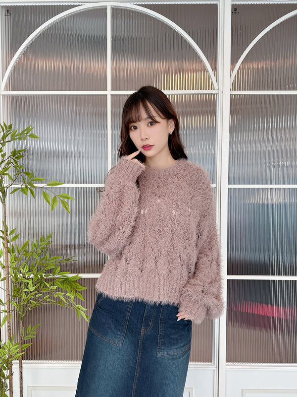 2510089 RO Mohair Feather Openwork Knit Top - Mocha