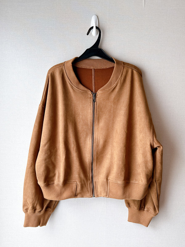 2509156 GY Suede Rib Neck Jacket- Camel