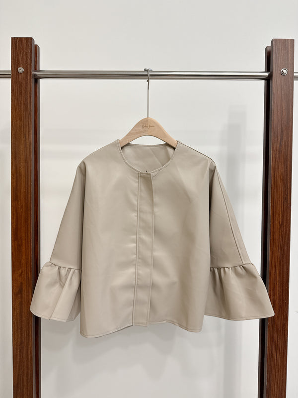 2510115 ZE Faux Leather Flare Sleeve Jacket - Beige