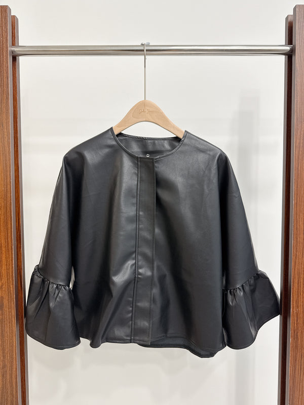 2510115 ZE Faux Leather Flare Sleeve Jacket - Black
