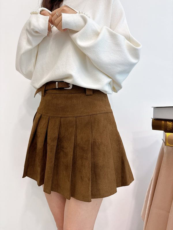 2511004 BE Belt Set Suede Pleated Skirt - Brown