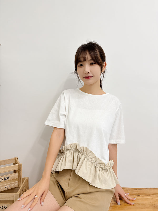 2507044 GL Bi-Colour Ruffled Hem Top - White