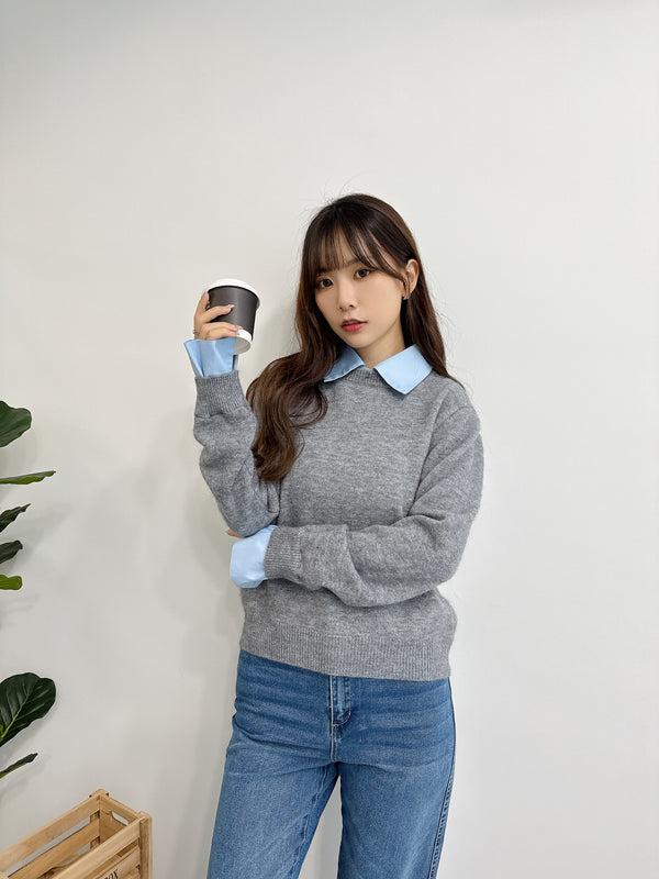 2511006 BE Shirt Docking Knit Tops - Grey