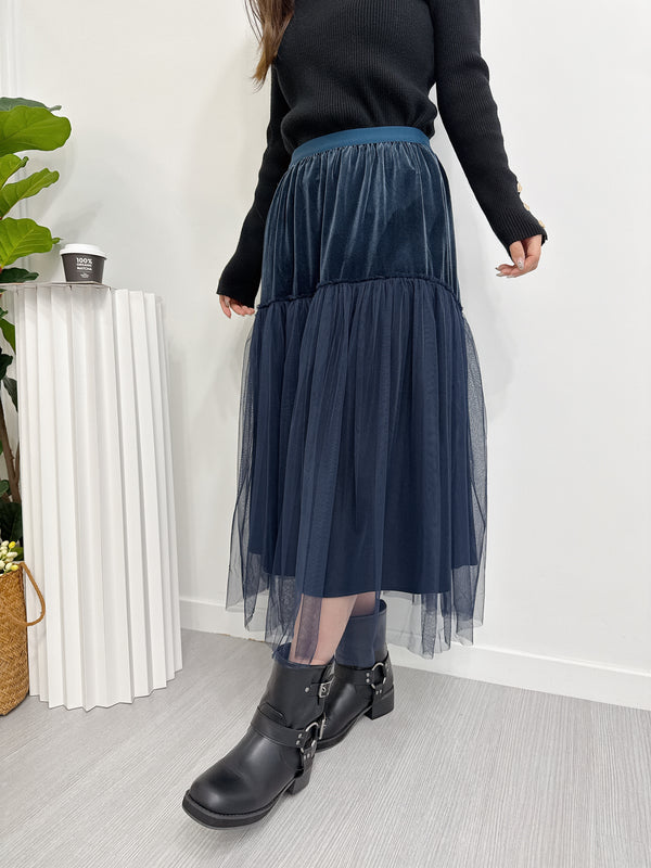 2511007 BE Tulle Velvet Tiered Skirt - Navy