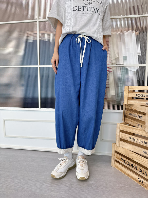 2507051 SE Lace Hem Balloon Denim Pants - Blue
