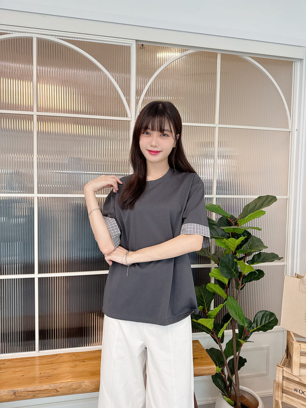 2505040 JF Checked Fold Sleeves Tee - Grey