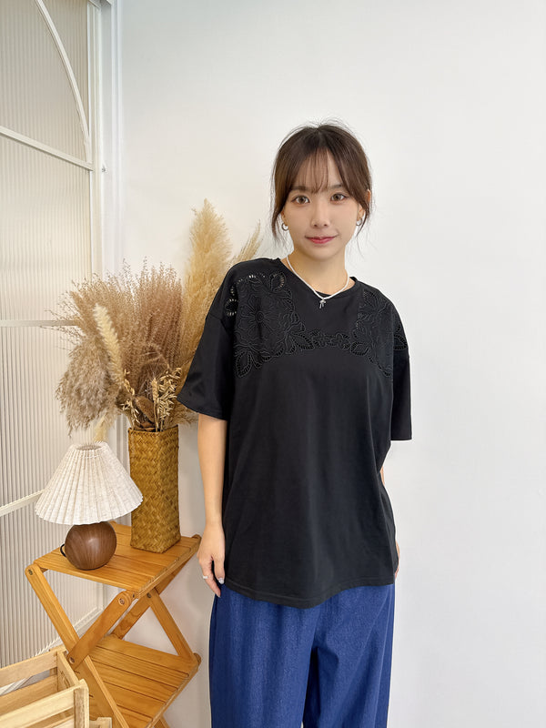 2507064 GL Cutwork Embroidery Loose Top  - Black