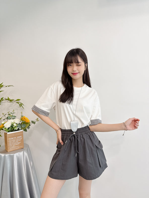 2505040 JF Checked Fold Sleeves Tee - Beige