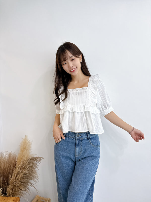 2508011 EM Puff Sleeve Ruffle Blouse - White