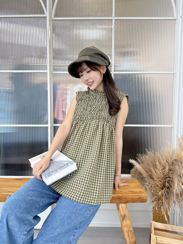 2508014 FO Checkered Shirred Sleeveless Blouse - Green