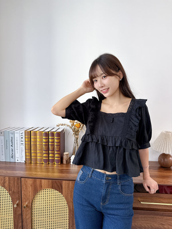 2508011 EM Puff Sleeve Ruffle Blouse - Black