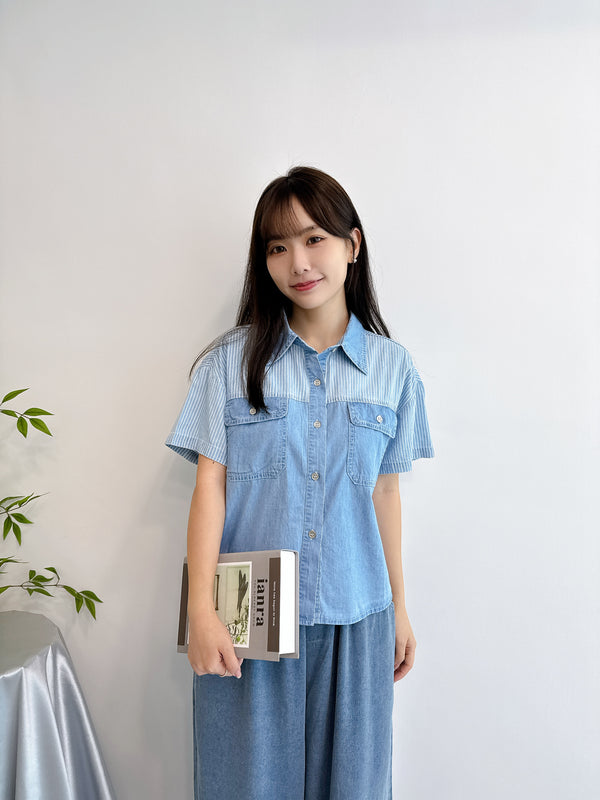 2505054 TU Denim Striped Switching Shirt - Light Blue