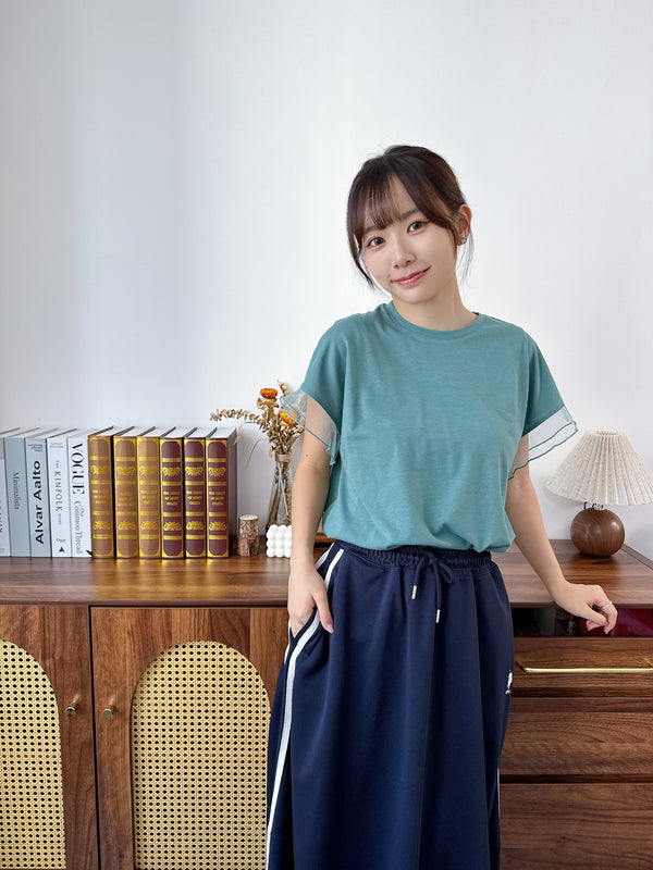 2508010 AL Tulle Sleeves Cotton Blend Tee - Green
