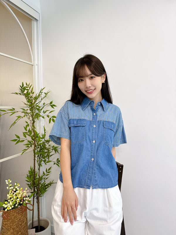2505054 TU Denim Striped Switching Shirt - Blue