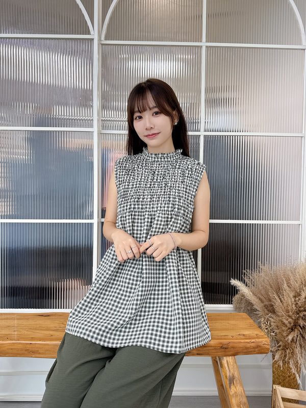 2508014 FO Checkered Shirred Sleeveless Blouse - Grey
