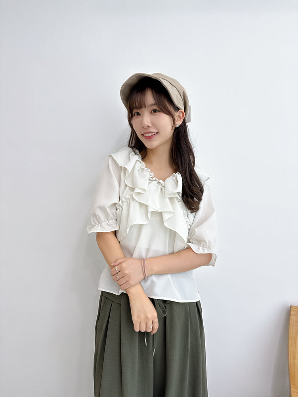 2508007 FO Volume Cross Frill Blouse - White
