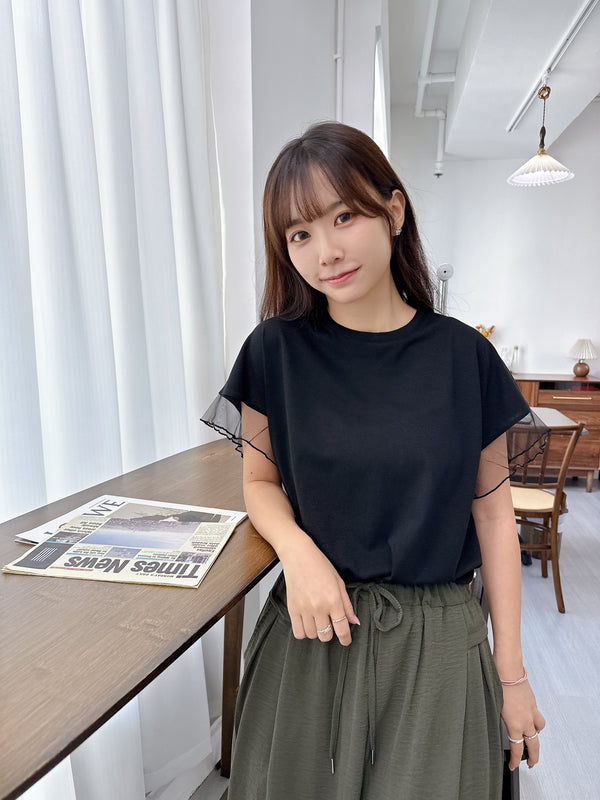 2508010 AL Tulle Sleeves Cotton Blend Tee - Black