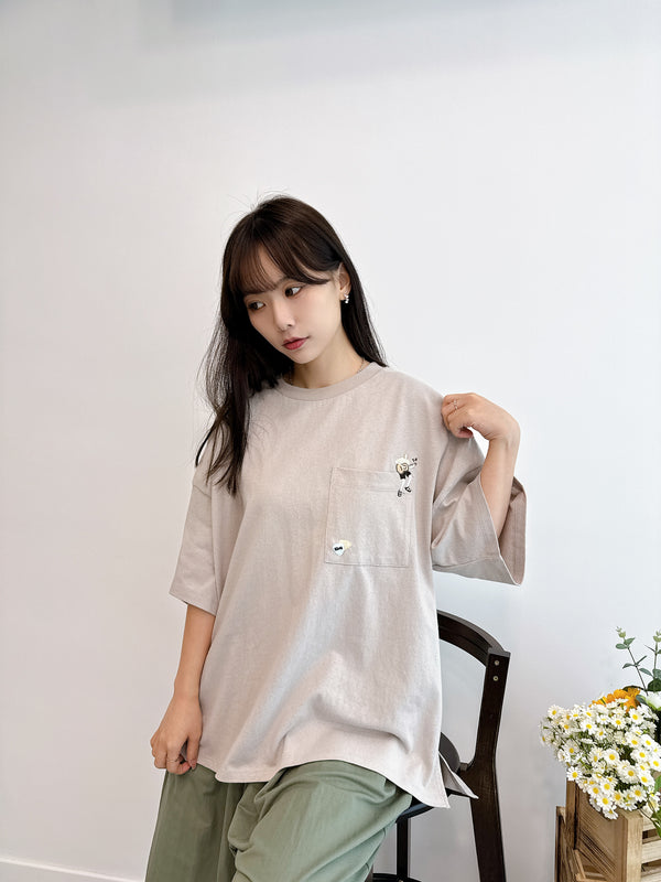 2505059 LUP Animal EMB Pocket Tee - Greige
