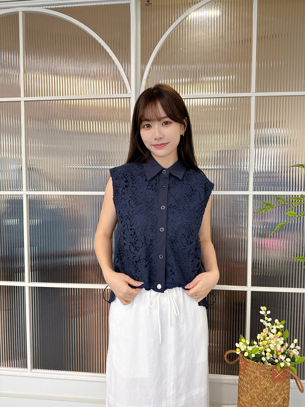 2505051 TU Lace Back Pleated Blouse - Navy