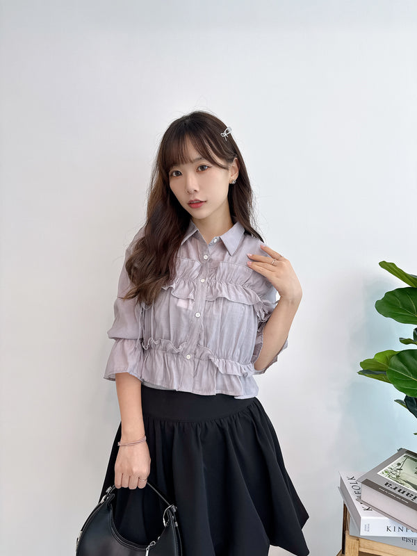 2509010 ED Sheer Ruffles Ribbon Blouse - Greige