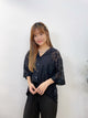 2308074 HU Lace Open Collar Blouse - BLACK