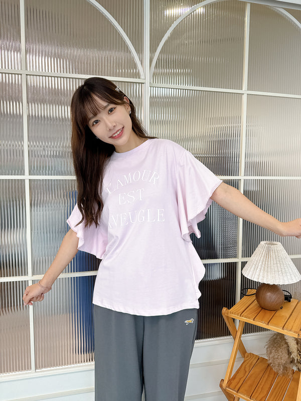 2509013 34 Ruffle Sleeve Print Tee - Pink