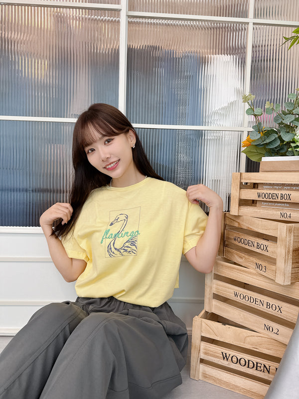 2505093 MAF Flamingo Print Embroidery Top - Yellow