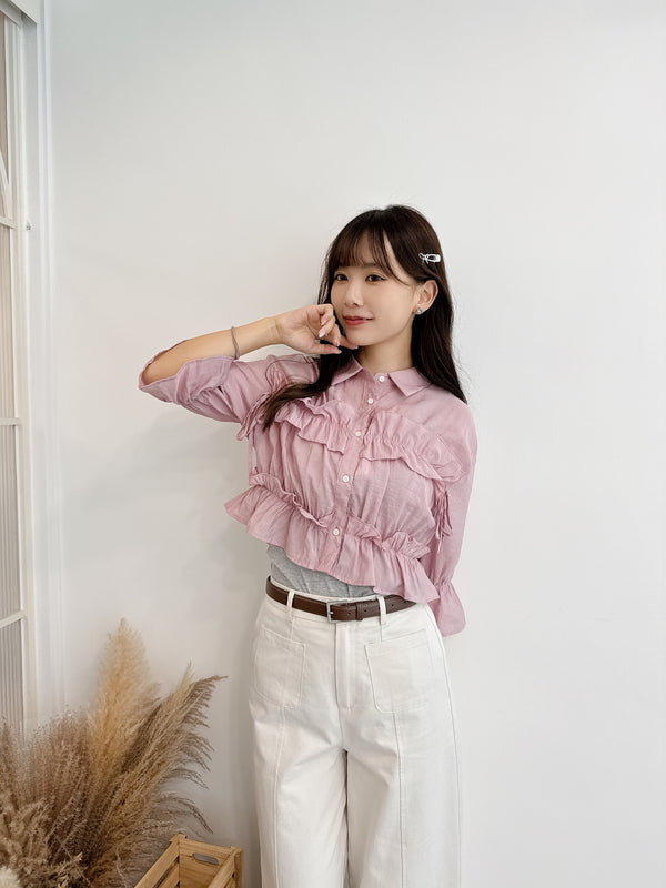 2509010 ED Sheer Ruffles Ribbon Blouse - Pink