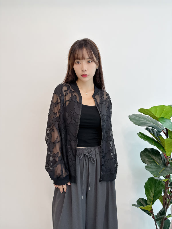 2509015 MAI Flower Jacquard Sheer Blouson - Black