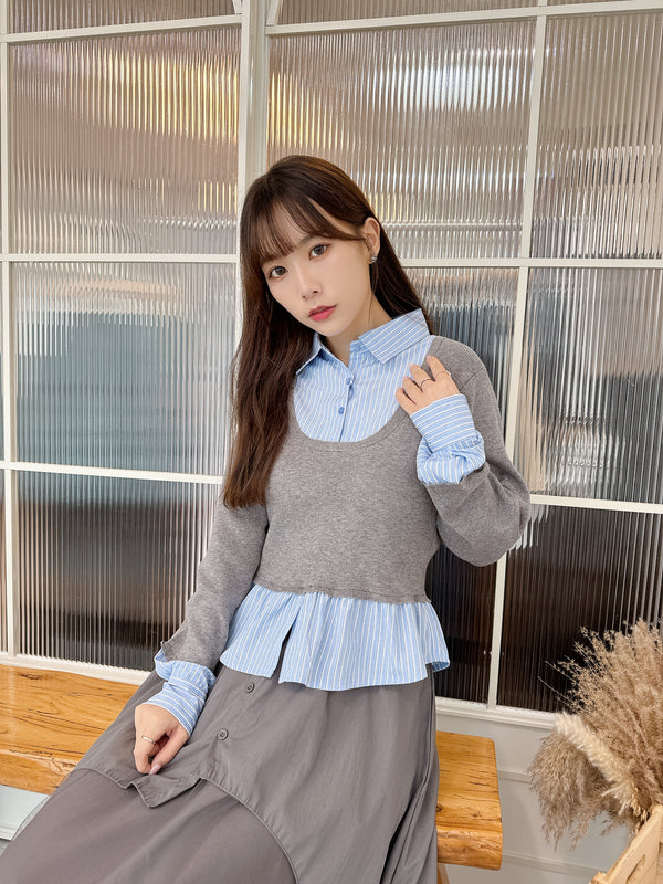 2509021 ED Shirt Layered Knit Pullover - Grey
