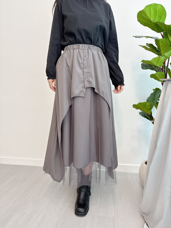 2509020 MAI Asymmetrical Shirt Layered Tulle Skirt - Grey