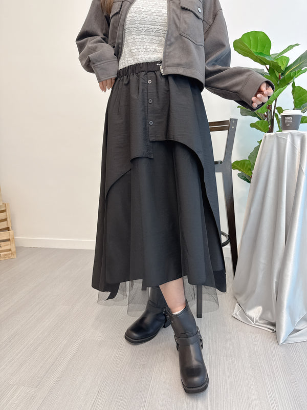 2509020 MAI Asymmetrical Shirt Layered Tulle Skirt - Black