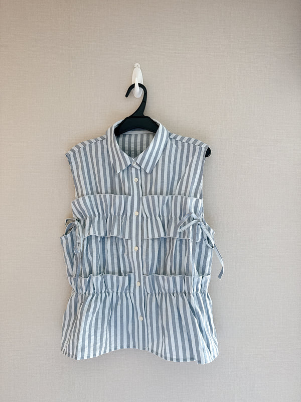 2508040 ON Striped Sleeves Frill Blouse - Striped
