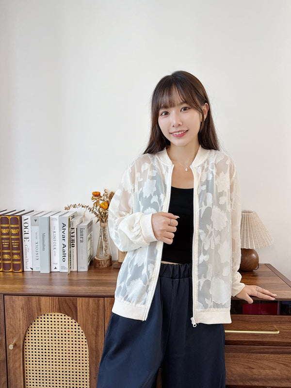 2509015 MAI Flower Jacquard Sheer Blouson - Ivory