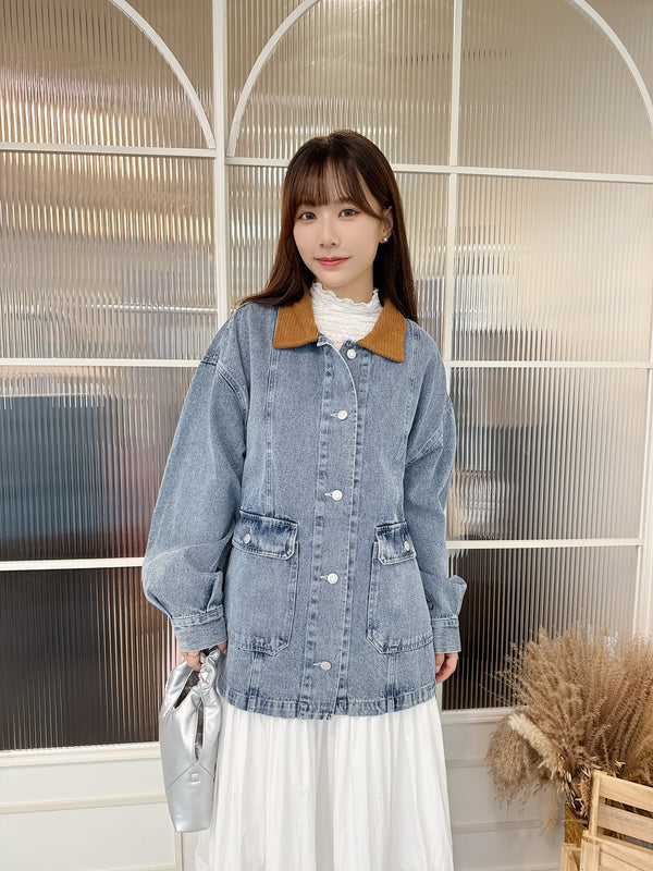 2509023 ED Denim Corduroy Collar Coverall Jacket - Blue