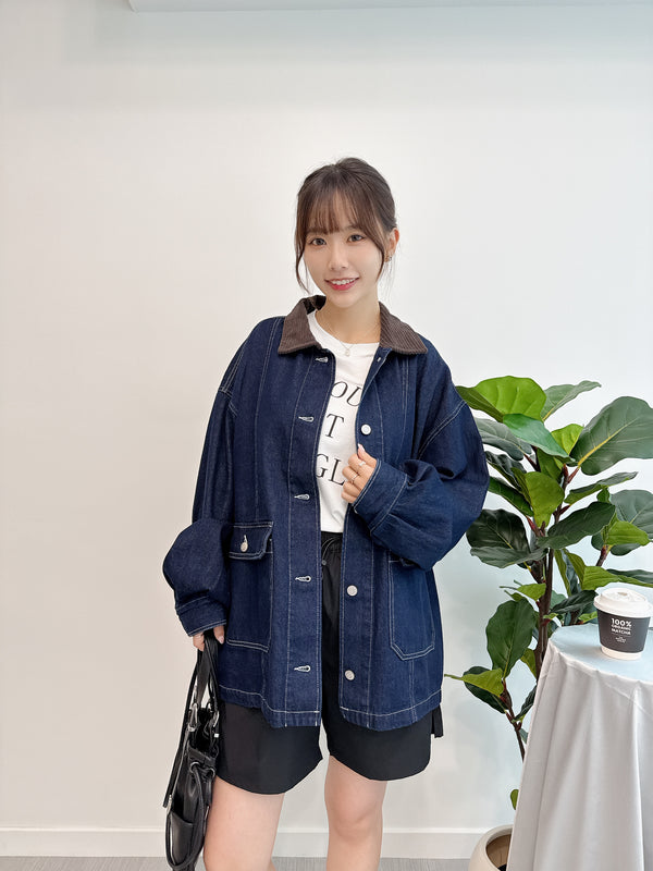 2509023 ED Denim Corduroy Collar Coverall Jacket - Navy