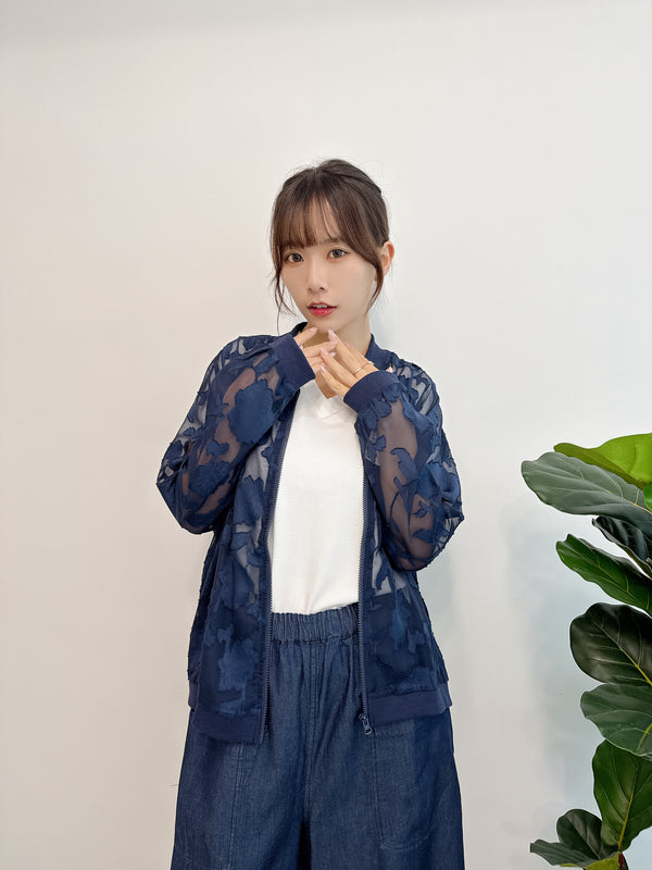 2509015 MAI Flower Jacquard Sheer Blouson - Navy