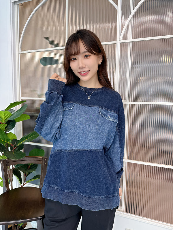 2510006 LUP Fake Pockets Denim Pullover - Navy