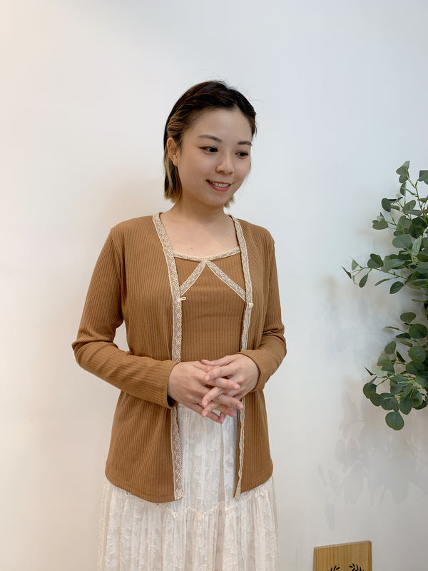 2401118 HO Lace Vest Cardigan Set - Brown