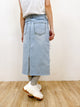 2403083 KR Ripped Raw Hem & Back Slit Denim Skirt
