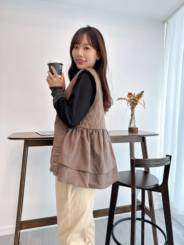 2509150 OU Rhombus Quilted Zip Vest - Mocha