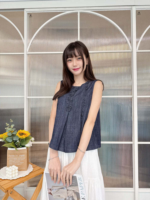 2506054 JF Ruffles Denim Tank Top - Navy