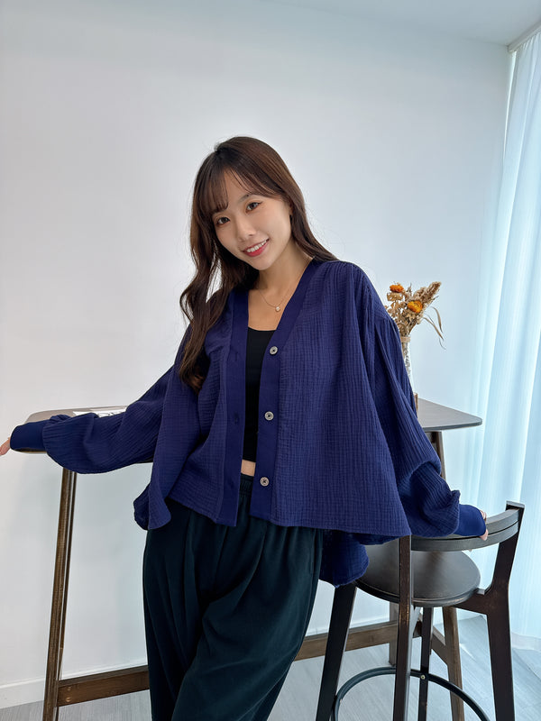 2510001 34 Washed Flared Hem Cardigan - Navy