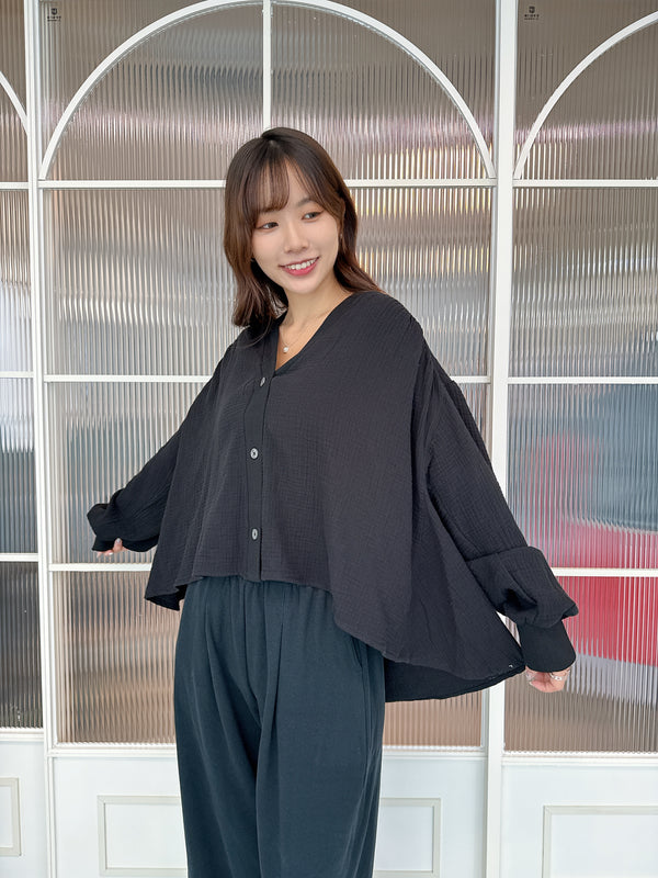 2510001 34 Washed Flared Hem Cardigan - Black