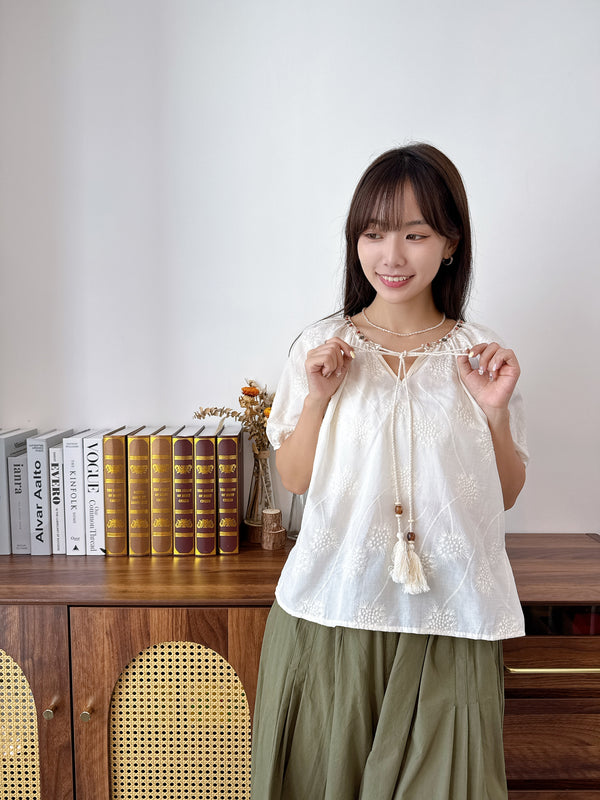 2506088 TU Flower Emb. Beaded Neck Blouse