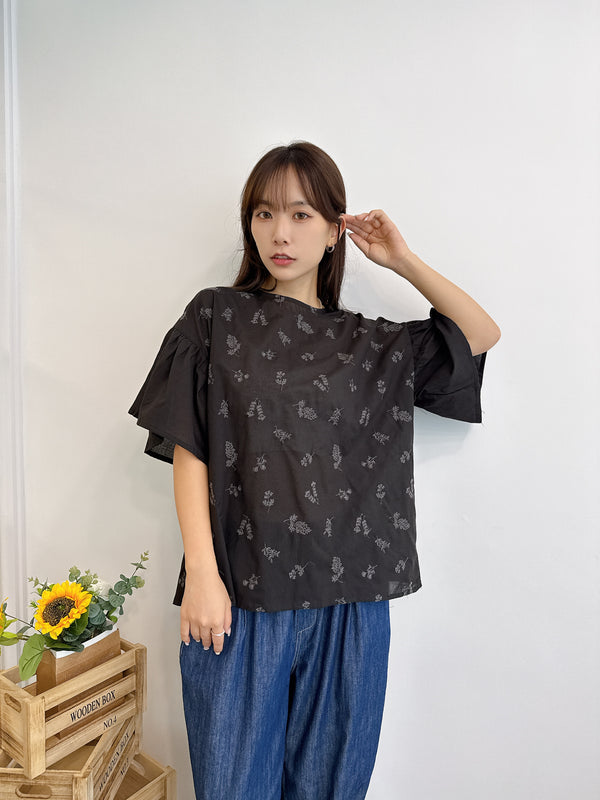 JUN26 直播限時秒殺款 MMO Flared Sleeve Embroidered Blouse - Black