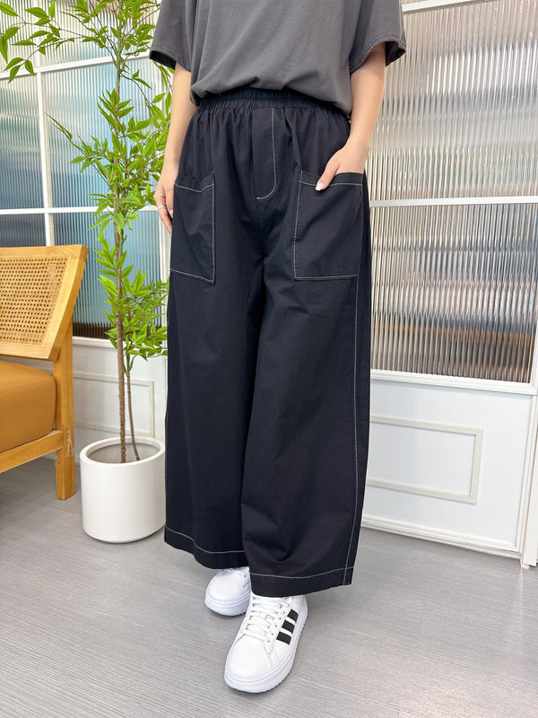 2506105 CA Stitched Denim Wide Pants - Black