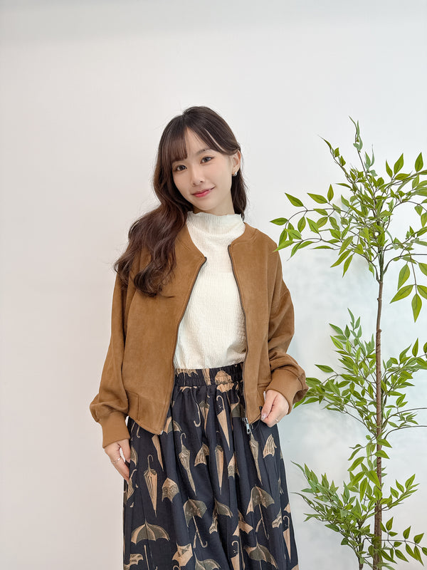 2509156 GY Suede Rib Neck Jacket- Camel