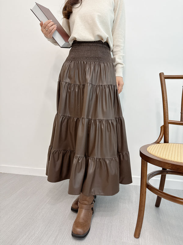 2510044 CH Faux Leather Tiered Skirt - Brown